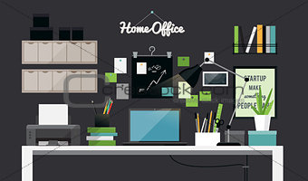 Flat illustration of dark home office workspace interior