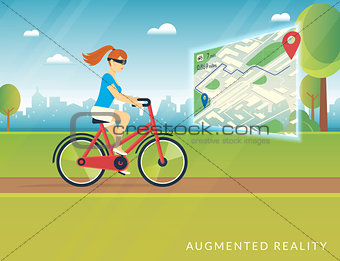 Young woman riding a bike and seeing bicycle path on the mobile augmented reality map