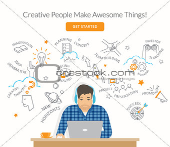 Man sitting at his work desk and planning a project startup