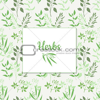 Seamless green plant background with square frame . Endless pattern with green twigs and leaves silhouette. Vector illustration