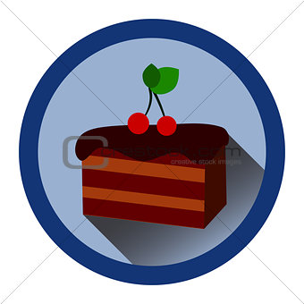 modern flat icon with slice of chocolate cake, cherrry and shadow