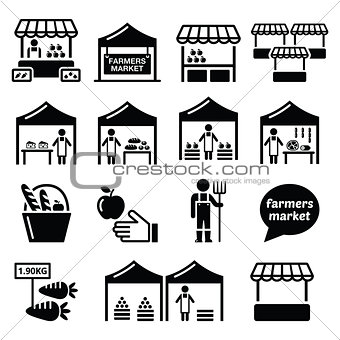 Farmers market, food market with fresh local produce icons set
