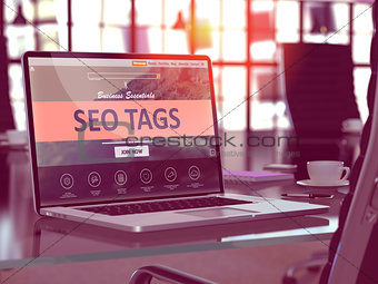 SEO Tags Concept on Laptop Screen.