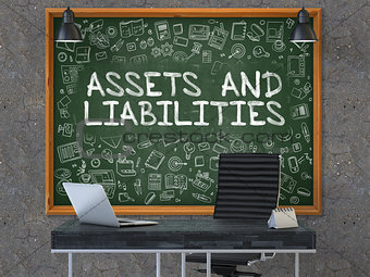 Assets and Liabilities on Chalkboard with Doodle Icons.