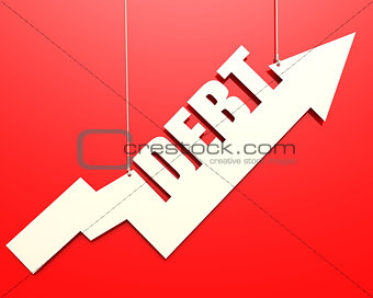 White arrow with debt word hang on red background
