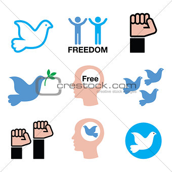 Freedom icons set - dove and fist symbols