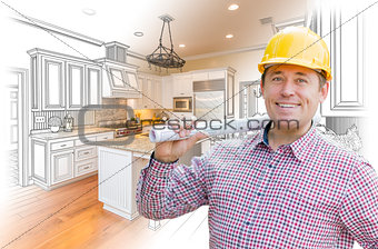 Contractor in Hard Hat Over Custom Kitchen Drawing and Photo