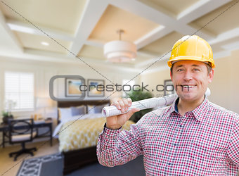 Contractor in Hard Hat Over Custom Bedroom Drawing and Photo