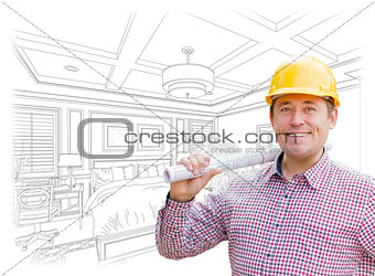 Contractor in Hard Hat Over Custom Bedroom Drawing