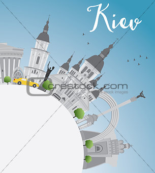 Kiev skyline with gray landmarks and copy space. 