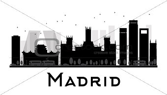 Madrid City skyline black and white silhouette