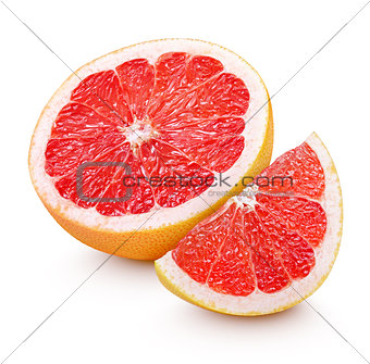 Half grapefruit citrus fruit with slice isolated on white