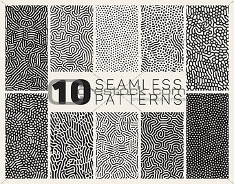 Set of Ten Vector Seamless Black and White Organic Rounded Jumble Maze Lines Patterns