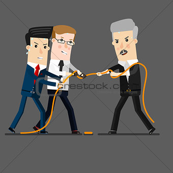 Successful and powerful businessman competing with group businessmen in a tug of war battle, for leadership or business competition.  Business concept cartoon illustration