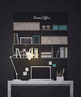 Flat home office interior illustration with desktop