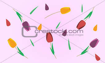 Abstract pink background with tulips and leafs