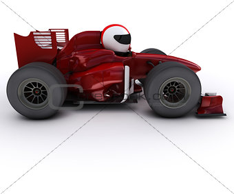 Morph man with open wheeled racing car
