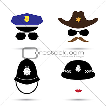 Set of colorful vector icons isolated on white. Policeman icon.  Sheriff icon. Cowboy icon. British police