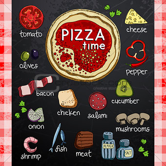 Pizza and ingredients for cooking