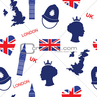 Seamless pattern background with London landmarks and Britain symbols vector illustration. English background with map queen and flag