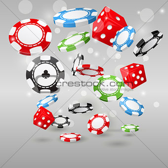 Gambling and casino symbols - flying poker chips and dice