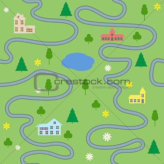 Cartoon map seamless pattern with houses and roads. Vector colorful background
