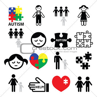 Autism awareness puzzles, autistic children icons