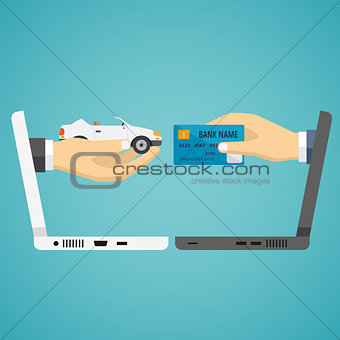 human hands exchanging credit card and car