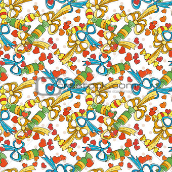 Seamless colorful pattern with bows and hearts.