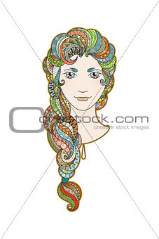 Beautiful girl with intricately patterned, zentangle braid and bright eyes. Vector portrait. Rainbow hair.