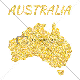 Map of  Australia in golden. With gold yellow particles and dots. Glitter background.
