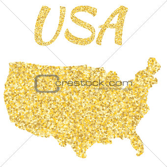 Map of USA in golden. With gold yellow particles and dots. Glitter background.