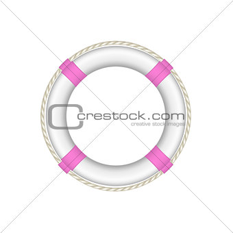 Life buoy in white and pink design with rope around