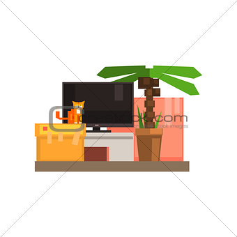 Room Interior With TV And Cat