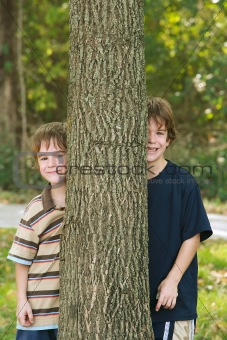 Boys Peeking Around a Tree