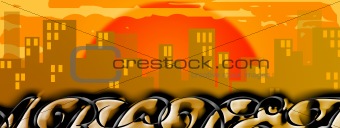 Cityscape graffito at sunset