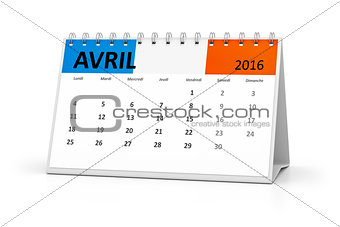 french language table calendar 2016 april