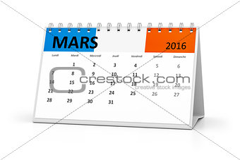 french language table calendar 2016 march