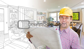 Contractor Holding Blueprints Over Custom Living Room Drawing an