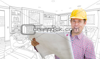 Contractor Holding Blueprints Over Custom Living Room Drawing