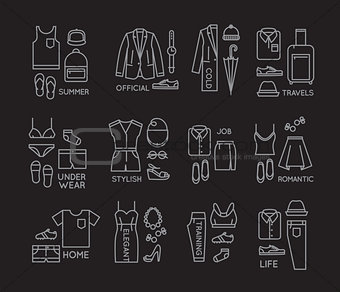 Flat clothes complect icons black