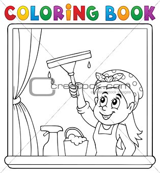Coloring book woman cleaning window