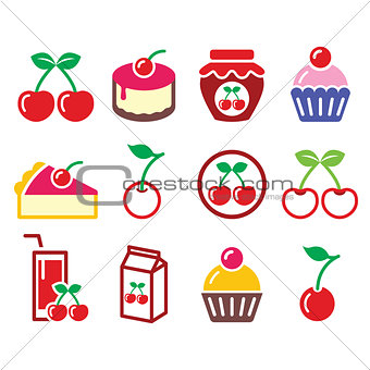 Cherry, fruit cake, jam icons set