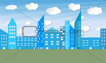 Illustrated city panorama with sky, clouds, skyscrapers and green field