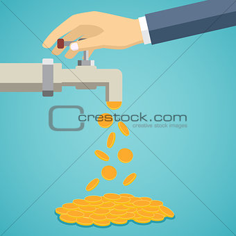 Business hand open tap with gold coins.