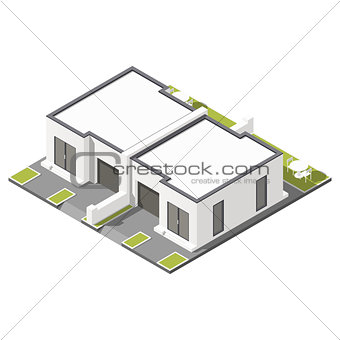 One storey connected cottage with flat roof isometric icon set