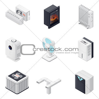 Home climate equipment isometric icon set
