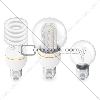 Electric light bulbs isometric icon set