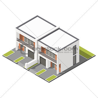 Two story connected cottage with flat roof isometric icon set