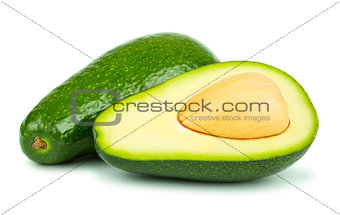 Whole and half avocado on white background